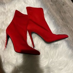 Red Satin High Heel Booties